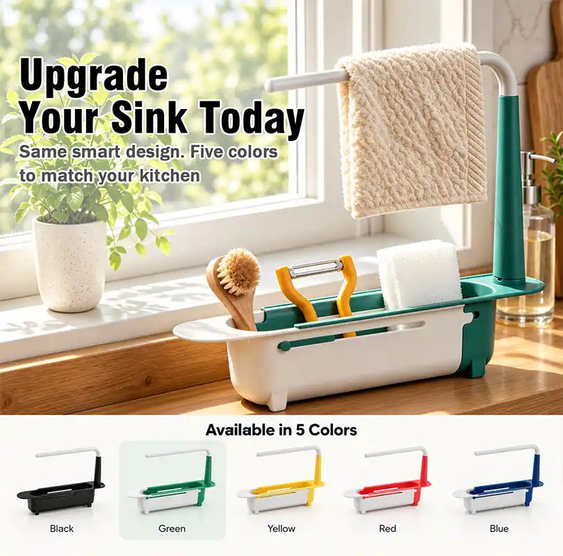 ⚡ [50% OFF TODAY] Updated Telescopic Sink Storage & Drain Rack — Adjustable Universal Organizer With Towel Bar 💧🧽 (JG)