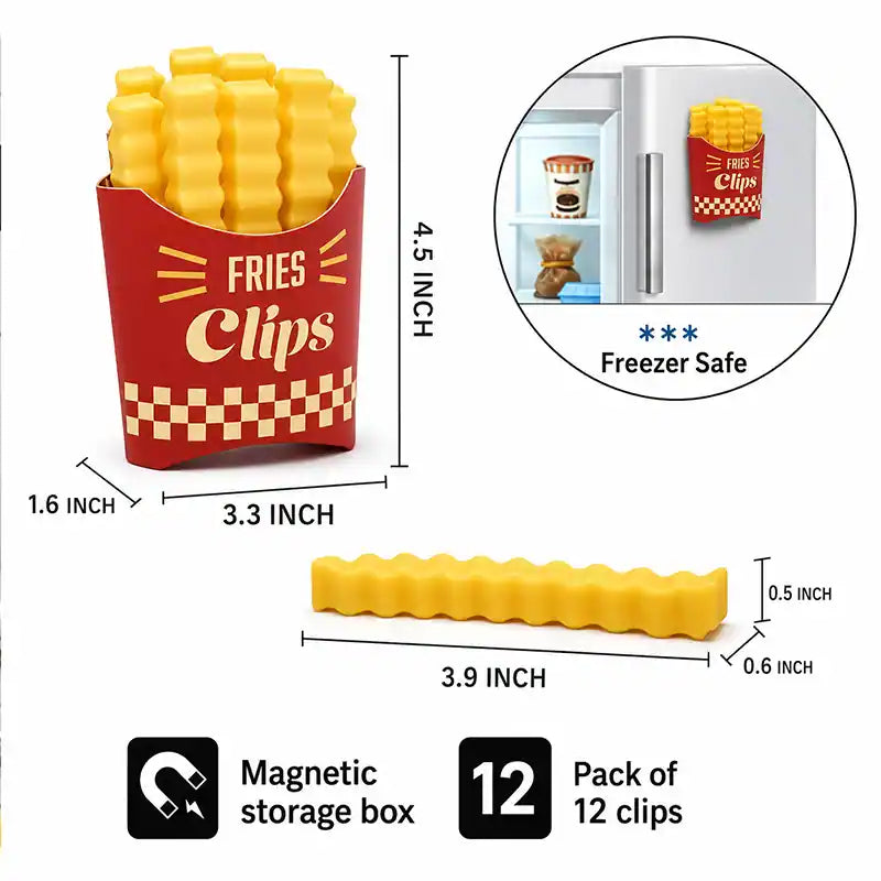 ivolune Official 💎🍟12 Cute French-Fries-Shaped Bag Clips to Seal Food Packages | Fun Magnetic Box for Easy Access | Cute Kitchen Accessories (JG)