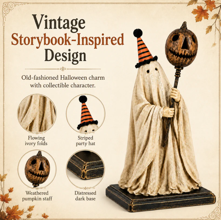 ✨lighted vintage ghost figurine with glowing pumpkin staff✨