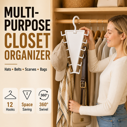 ✨ [BUY 1 GET 1 FREE] 12-Hook V-Shaped Closet Organizer – 360° Swivel Space-Saving Rack for Hats, Belts & Bags 🪝❤️ (JG)