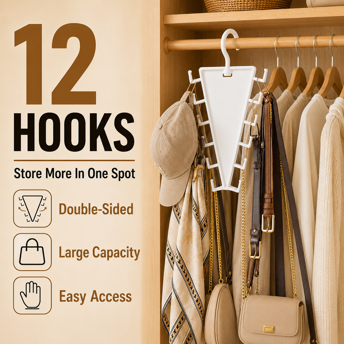 ✨ [BUY 1 GET 1 FREE] 12-Hook V-Shaped Closet Organizer – 360° Swivel Space-Saving Rack for Hats, Belts & Bags 🪝❤️