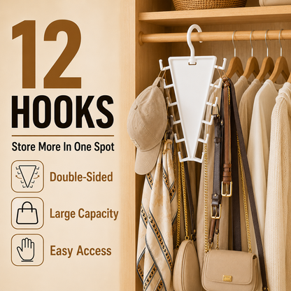 ✨ [BUY 1 GET 1 FREE] 12-Hook V-Shaped Closet Organizer – 360° Swivel Space-Saving Rack for Hats, Belts & Bags 🪝❤️