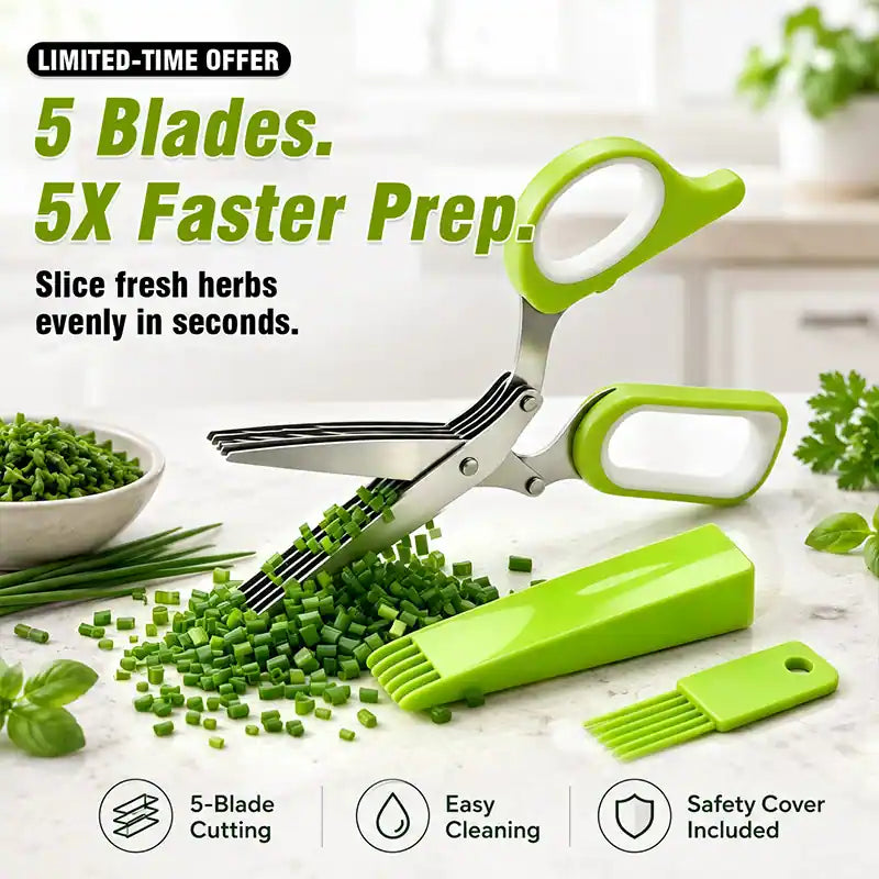 ⚡ [Buy 2 GET 1 FREE] 5-Blade Stainless Steel Herb Scissors Set — Chop Fresh Herbs & Scallions 5x Faster 🌿✂️-JG