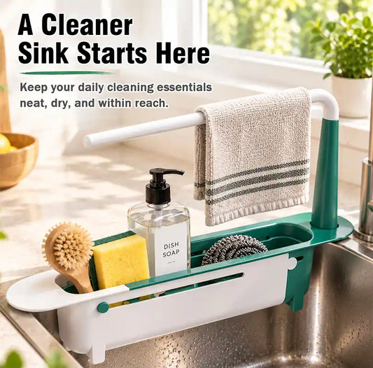 ⚡ [50% OFF TODAY] Updated Telescopic Sink Storage & Drain Rack — Adjustable Universal Organizer With Towel Bar 💧🧽