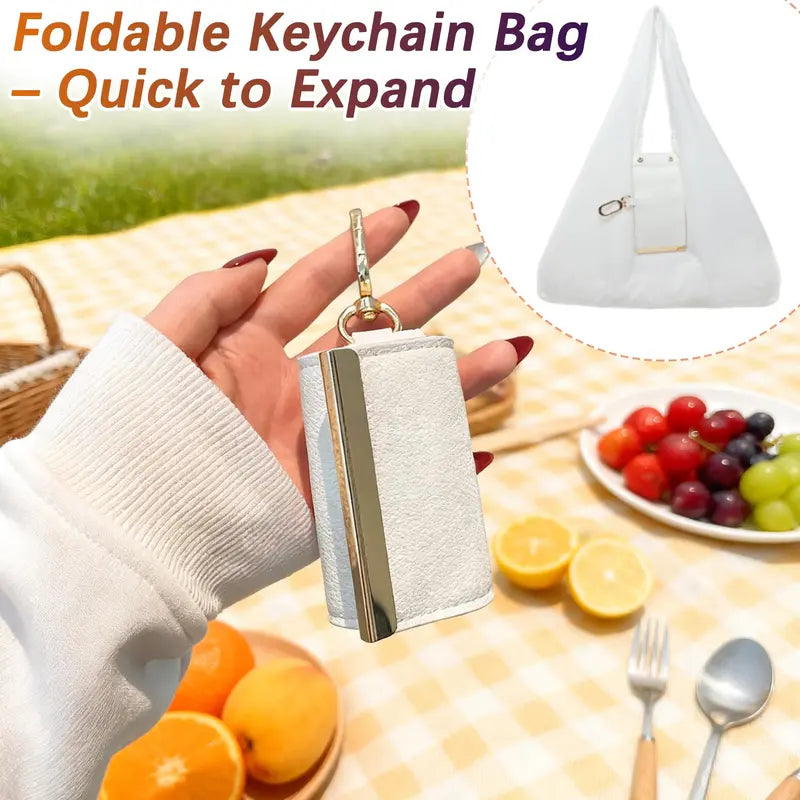 Foldable Keychain Tote Bag (With Vegan Leather Case) — Heavy-Duty 50lb Reusable Pocket Shoulder Bag 👜✨ (jg)