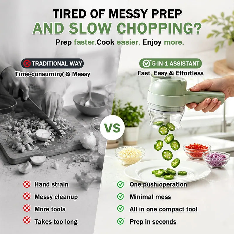 🔥 [50% OFF TODAY] 5-in-1 Handheld Electric Vegetable Cutter & Slicer Set (With Cleaning Brush) ⚡🥦