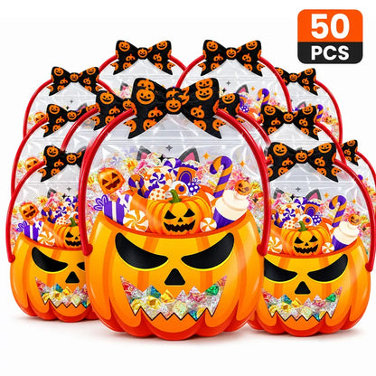 🔥 [BUY 25 GET 25 FREE] Cute & Spooky Stand-Up Resealable Halloween Treat Bags (With Carry Handle) 🍬🎃 (JG)
