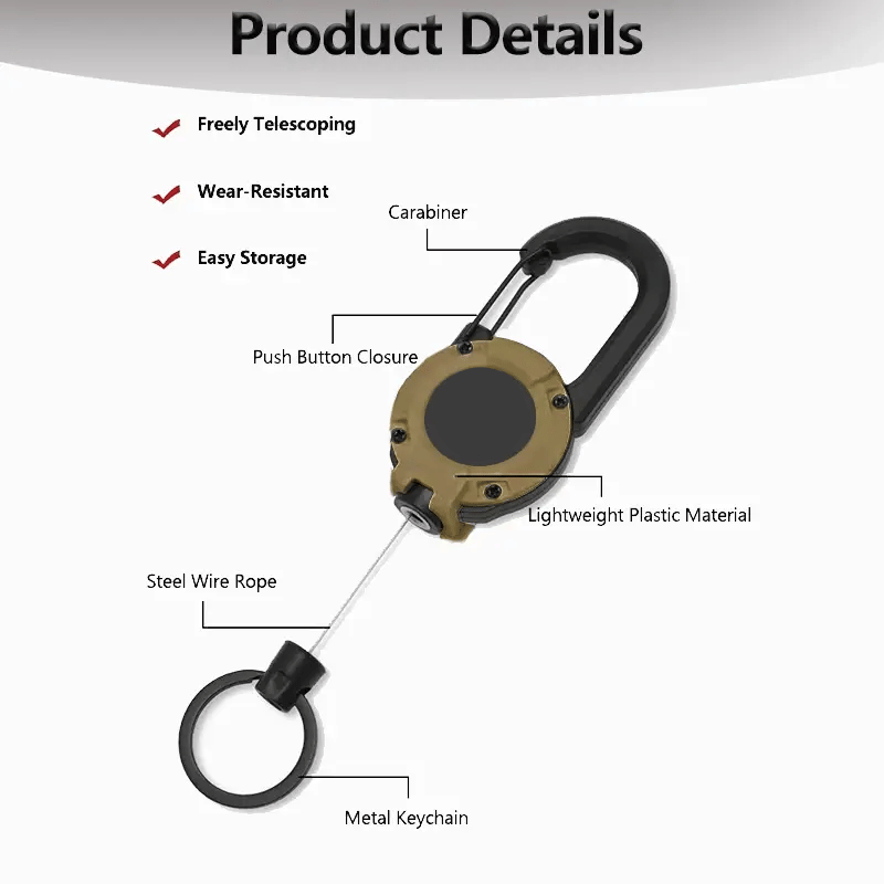 ⭐🔑Retractable Carabiner Keychain – 65cm steel lanyard, 100,000 pull cycles. Lightweight & sturdy.