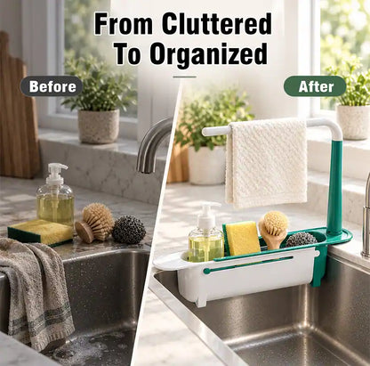 ⚡ [50% OFF TODAY] Updated Telescopic Sink Storage & Drain Rack — Adjustable Universal Organizer With Towel Bar 💧🧽 (JG)