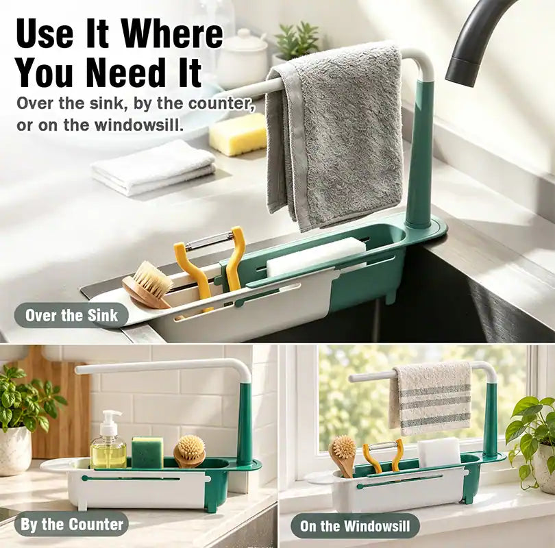 ⚡ [50% OFF TODAY] Updated Telescopic Sink Storage & Drain Rack — Adjustable Universal Organizer With Towel Bar 💧🧽 (JG)