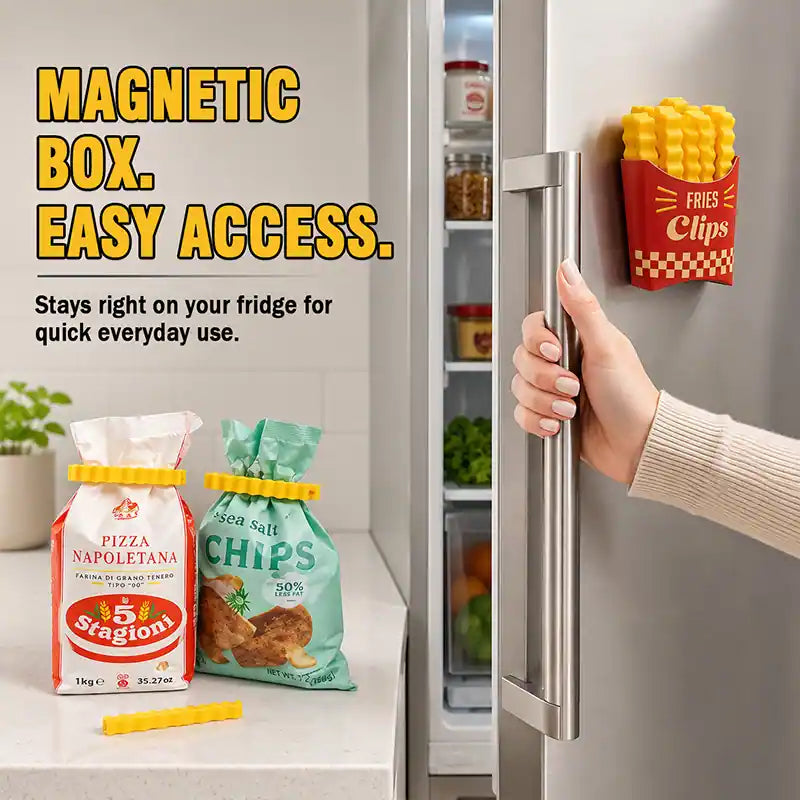 ivolune Official 💎🍟12 Cute French-Fries-Shaped Bag Clips to Seal Food Packages | Fun Magnetic Box for Easy Access | Cute Kitchen Accessories (JG)