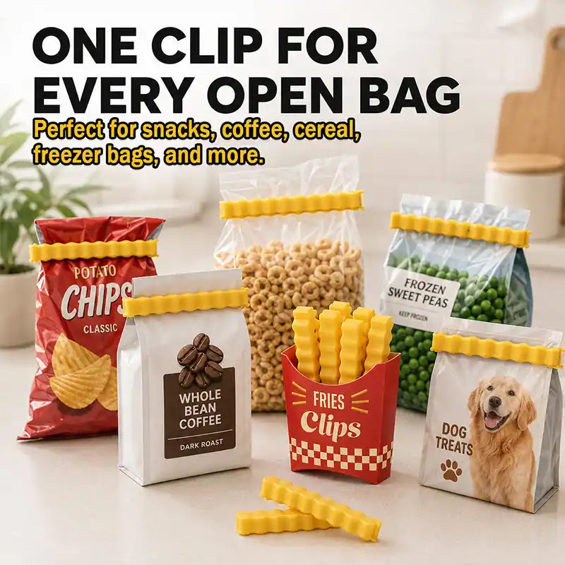 ivolune Official 💎🍟12 Cute French-Fries-Shaped Bag Clips to Seal Food Packages | Fun Magnetic Box for Easy Access | Cute Kitchen Accessories (JG)