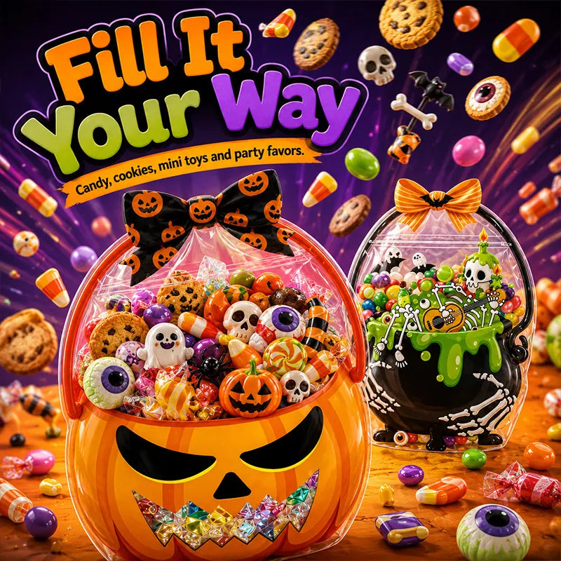 🔥 [BUY 25 GET 25 FREE] Cute & Spooky Stand-Up Resealable Halloween Treat Bags (With Carry Handle) 🍬🎃