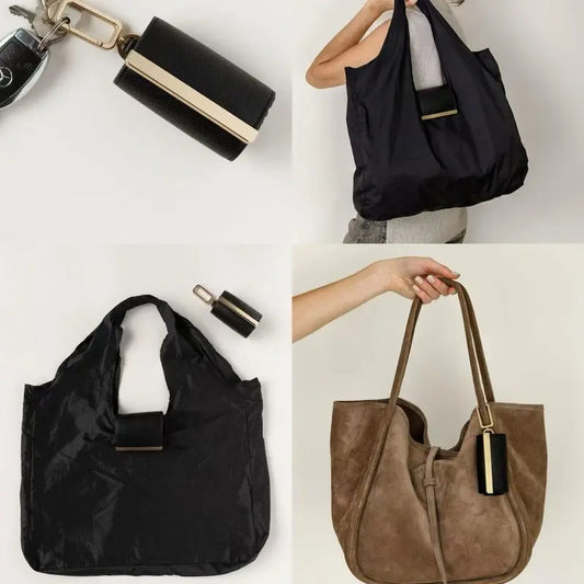 Foldable Keychain Tote Bag (With Vegan Leather Case) — Heavy-Duty 50lb Reusable Pocket Shoulder Bag 👜✨ (jg)