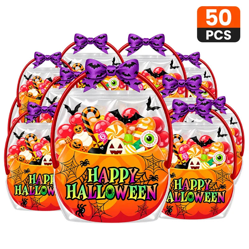 🔥 [BUY 25 GET 25 FREE] Cute & Spooky Stand-Up Resealable Halloween Treat Bags (With Carry Handle) 🍬🎃