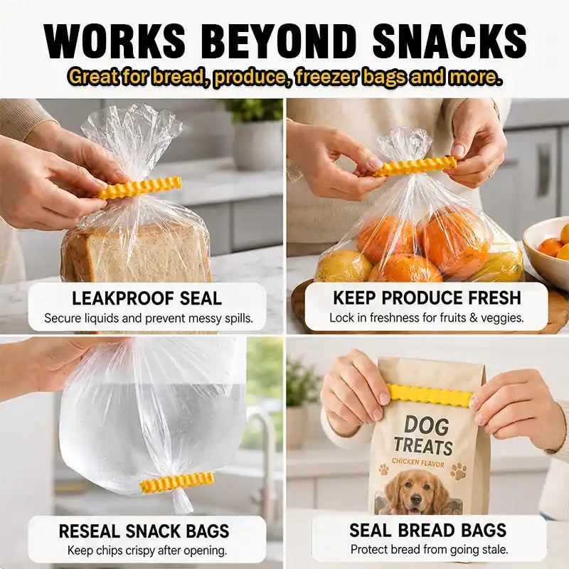 ivolune Official 💎🍟12 Cute French-Fries-Shaped Bag Clips to Seal Food Packages | Fun Magnetic Box for Easy Access | Cute Kitchen Accessories (JG)