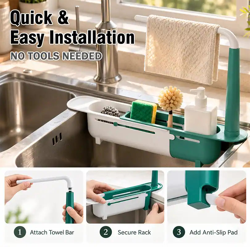 ⚡ [50% OFF TODAY] Updated Telescopic Sink Storage & Drain Rack — Adjustable Universal Organizer With Towel Bar 💧🧽 (JG)