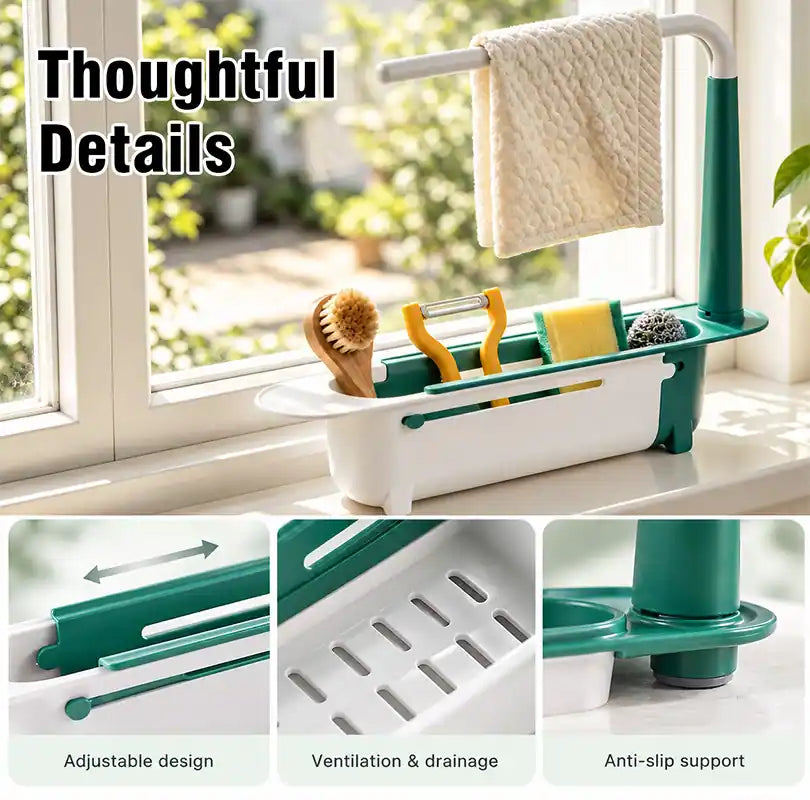⚡ [50% OFF TODAY] Updated Telescopic Sink Storage & Drain Rack — Adjustable Universal Organizer With Towel Bar 💧🧽 (JG)