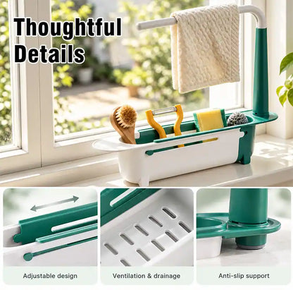 ⚡ [50% OFF TODAY] Updated Telescopic Sink Storage & Drain Rack — Adjustable Universal Organizer With Towel Bar 💧🧽 (JG)