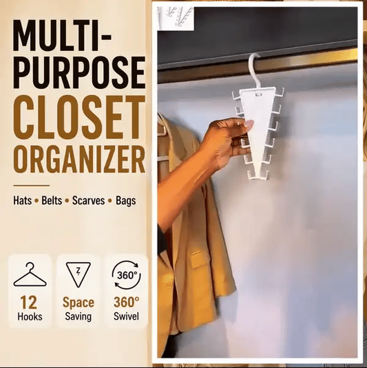 ✨ [BUY 1 GET 1 FREE] 12-Hook V-Shaped Closet Organizer – 360° Swivel Space-Saving Rack for Hats, Belts & Bags 🪝❤️