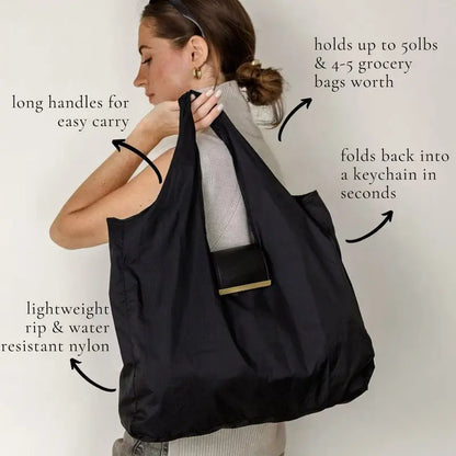 Foldable Keychain Tote Bag (With Vegan Leather Case) — Heavy-Duty 50lb Reusable Pocket Shoulder Bag 👜✨ (jg)